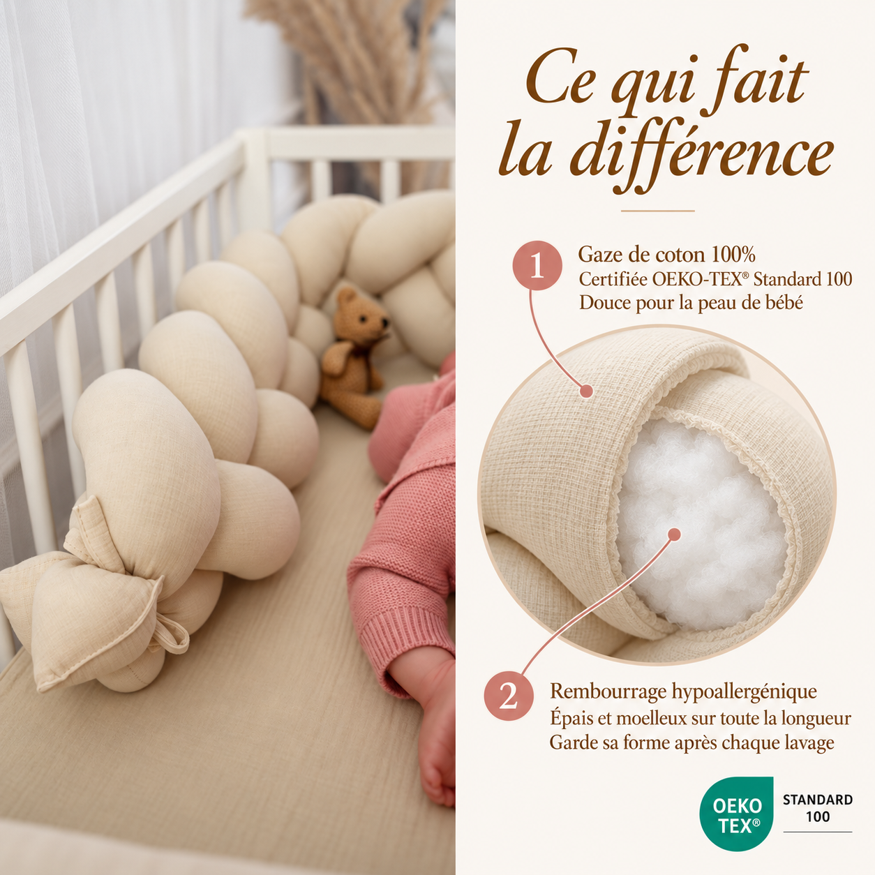 Tresse de lit bébé - coupe matières gaze de coton et rembourrage - Prestige Baby