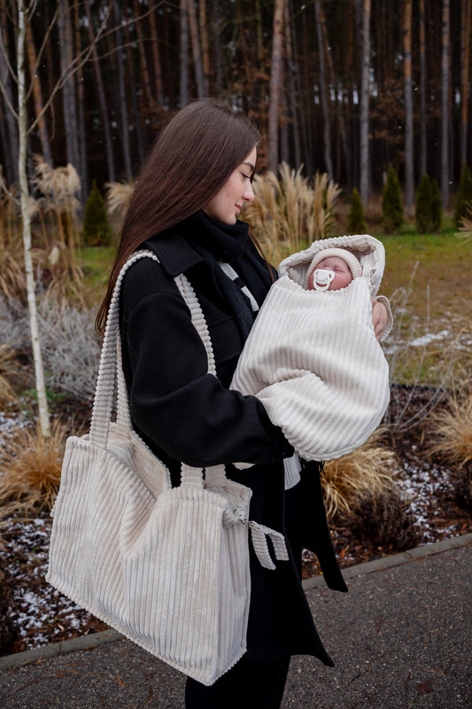 Duo Sortie Bébé Velours d'Amour | Nid d’ange cosy & Sac à langer assortis | Tons Neutres